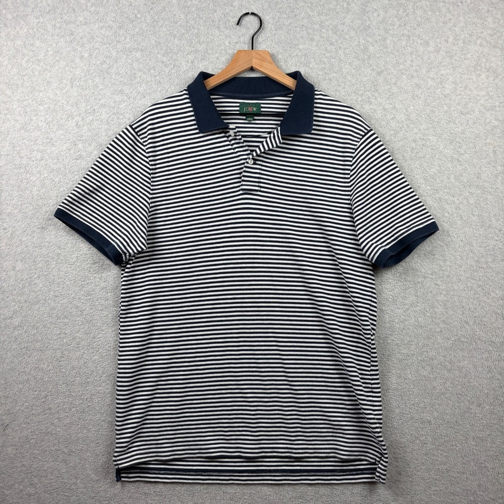 J Crew Polo Shirt Mens Large Navy Blue White Striped Cotton Pique Oarsman Preppy